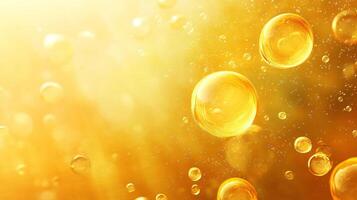 Yellow background with three large bubbles and many smaller bubbles. The bubbles are scattered throughout the image, with some larger and some smaller. The overall effect is a bright photo