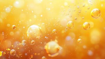 Yellow background with many bubbles floating in the air. The bubbles are of different sizes and are scattered throughout the image. Scene is light and playful photo