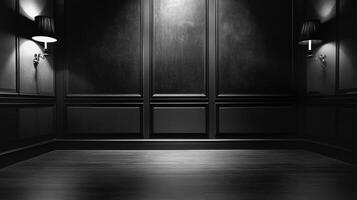 Monochromatic interior with ornate wall paneling and sconce lighting, creating a subdued, atmospheric mood in an empty room. photo