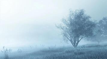 Misty trees stand in a field of grass on a foggy day, creating a serene and atmospheric scene. photo