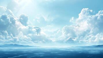 Serene sky filled with puffy white clouds reflects on the calm blue ocean surface, creating a peaceful and expansive vista. photo