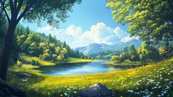 A serene landscape unfolds with a tranquil lake reflecting the clear sky, framed by lush greenery and distant mountains, inviting peace. photo