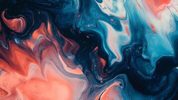 Swirling colors of deep blues, vibrant oranges, and delicate whites create an abstract fluid art pattern, resembling ocean waves. photo