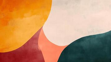 Abstract painting featuring overlapping shapes in shades of orange, red, beige, and green. Modern artwork with a textured surface. photo