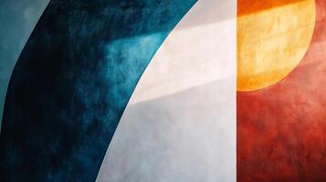 Abstract mural with bold blue, white, and reddish-orange hues creating a geometric composition with modern wall art and graphic design elements. photo