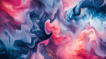 Swirling paints of blue, purple, and pink intermix in a fluid, dreamlike pattern, creating a captivating, colorful abstract piece. photo