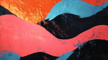 Abstract art with a textured surface, layered with bold strokes of orange, pink, black, and blue, creating a sense of depth and movement. photo