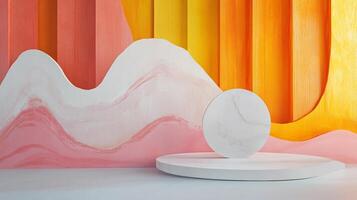 A colorful minimalist display stage featuring a backdrop of vibrant pink, yellow, and orange with a marble accent and smooth, white platform. photo