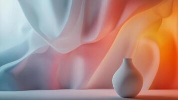 Elegant white vase against a backdrop of flowing, translucent fabric with subtle color gradients, creating a serene and modern aesthetic. photo