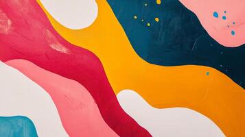 Vibrant abstract artwork with swirling shapes in pink, red, yellow, white, and blue hues, creating a modern and playful composition. photo