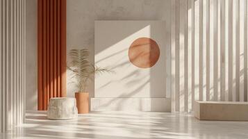 A minimalist room with geometric art, textures, and plants creates a serene and modern space with soft light casting shadows. photo