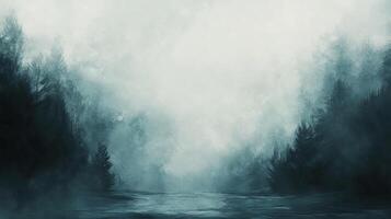 Mystical forest scene with towering trees shrouded in mist, creating an ethereal and atmospheric landscape with a serene body of water photo