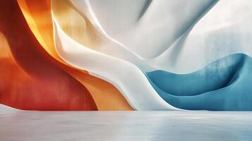 Abstract fluid forms backdrop in red, orange, white, and blue colors, creating a calming modern and artistic studio background. photo
