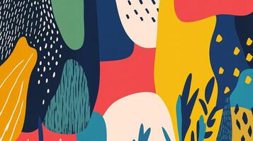 Vibrant abstract artwork featuring a collage of colorful shapes, lines, and patterns, creating a playful and dynamic visual texture. photo