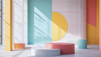 Colorful minimalist backdrop with geometric shapes and podiums for product displays, bathed in soft light, creating a visually striking scene. photo