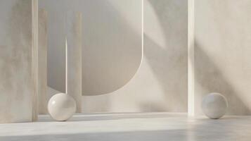 Abstract architectural space featuring geometric forms and spheres in soft, neutral tones, highlighting light and shadow interplay. photo