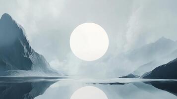 A serene landscape of snow-capped mountains reflecting on a calm lake under a bright, ethereal light source. photo