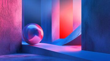 Surreal geometric composition with a sphere bathed in blue and red light. Abstract architectural design and color interplay. photo