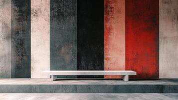 Abstract stripes backdrop of a room with a minimalist bench. Neutral tones and textures create a modern, artistic scene. photo