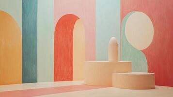 Abstract minimalist backdrop with peach podium, pastel geometric shapes. Modern and eye-catching scene for product display, artistic presentation. photo