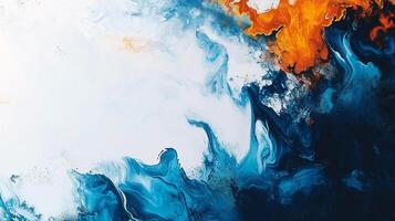 Abstract fluid art with a blend of white, blue, and orange colors creating a dynamic and visually captivating composition. photo
