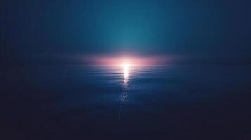 Serene ocean sunset casting a shimmering path of light on the water's surface with a soft gradient sky overhead. A tranquil scene. photo