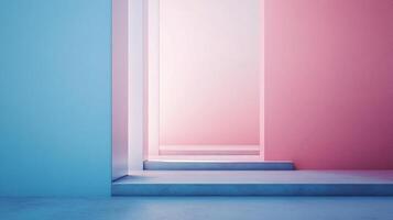 Abstract minimalist interior design featuring blocks of blue, pink, and white, creating a serene and modern architectural space. photo