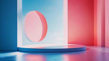 Minimalist abstract stage featuring a pink circle and a round platform in blue and pink, creating a simple and modern geometric design. photo