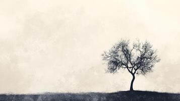 Monochromatic scene of a lone tree on a hill, artistic rendering conveys simplicity and quietude in a minimalist landscape. photo