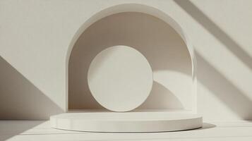 Minimalist display platform with an arched background and a simple circular element, bathed in soft sunlight casting shadows. photo