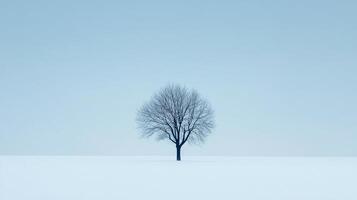 A lone tree stands stark against a pale blue winter sky above an endless expanse of snow, a study in minimalism and wintry desolation. photo