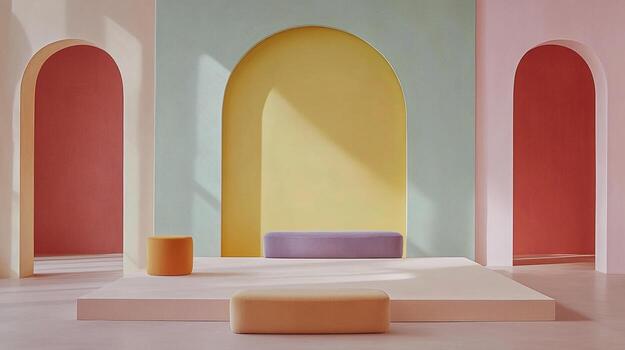 Geometric display featuring pastel arches and cushioned blocks, casting soft shadows in a minimalist, architectural setting. photo