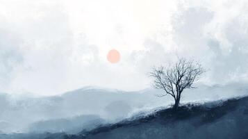 Ethereal landscape with a solitary tree silhouetted against a soft sunrise, painted in shades of blue and gentle orange light. photo
