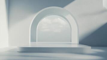 Minimalist platform in white room with archway and soft, diffused lighting, perfect for showcasing products in a serene environment. photo
