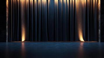 Moody stage with dark curtains illuminated by warm spotlights, creating a dramatic and theatrical atmosphere. Ready for a performance. photo