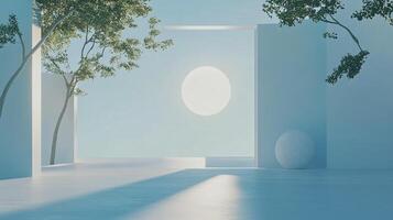 Minimalist architectural design bathed in soft light, framed by trees. Serene ambiance with geometric shapes and natural elements. photo