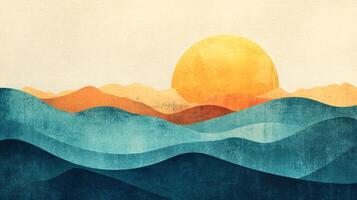 Abstract artistic display of ocean waves against mountains and sun in a warm retro palette with a textured finish. photo
