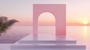 A pink archway frames a serene ocean view at sunset, palm tree in foreground, creating a tranquil escape. Ideal for relaxation and peace. photo