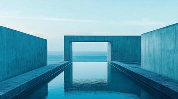 Minimalist ocean view featuring a turquoise infinity pool framed by concrete architectural elements on a clear day. Serene and calming vista. photo