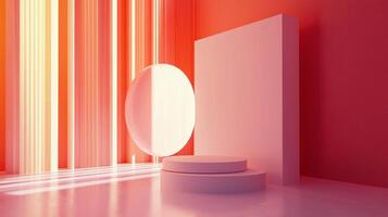 Abstract scene with a round platform and rectangular block bathed in light, featuring vertical striped background. Bold presentation. photo