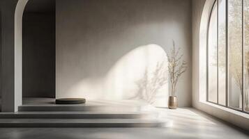 Minimalist interior with soft lighting, clean lines, and natural elements for a serene, modern aesthetic and sophisticated space. photo