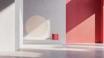 Minimalist scene with geometric shapes and a contrasting color palette, showcasing the interplay of light and shadows in a modern setting. photo