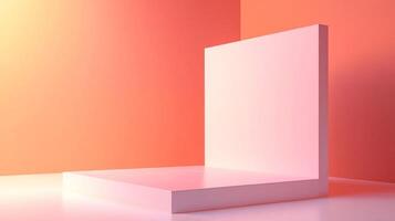 A minimal, pastel pink platform and backdrop against a graduated peach colored wall with soft lighting creating a bright and inviting display. photo