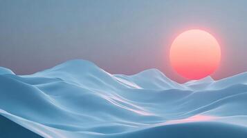 Serene digital landscape featuring rolling hills bathed in the soft glow of a setting sun, evoking a sense of calm and tranquility. photo