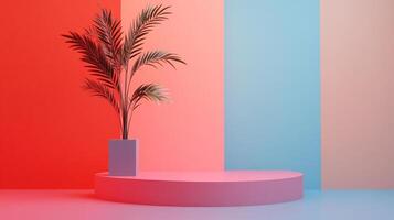 Tropical plant in a pot on a platform, modern geometric background in shades of red, pink, and blue, minimalistic presentation. photo