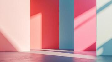 Minimalist scene showcasing the interplay of colored walls and shadows creating a serene ambiance with a sense of depth and artistic expression. photo
