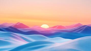 Abstract landscape with rolling pastel hills, a vibrant gradient sky, and a bright sun, creating a serene and calming atmosphere. photo