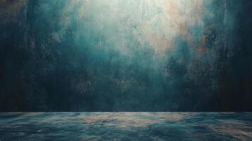 Moody dark teal wall and floor backdrop with textured surface illuminated with an unseen lightsource. photo