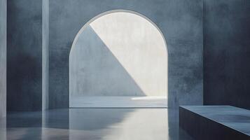 An empty room featuring an archway with sunlight coming in. Modern, minimalist interior design with clean lines and concrete walls. photo