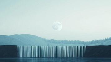 A surreal waterfall cascades into a calm pool under a serene sky with a full moon, evoking a sense of tranquility and awe. photo